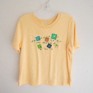 Vintage Koret Yellow Short Sleeved Top with Embroidery Size Medium